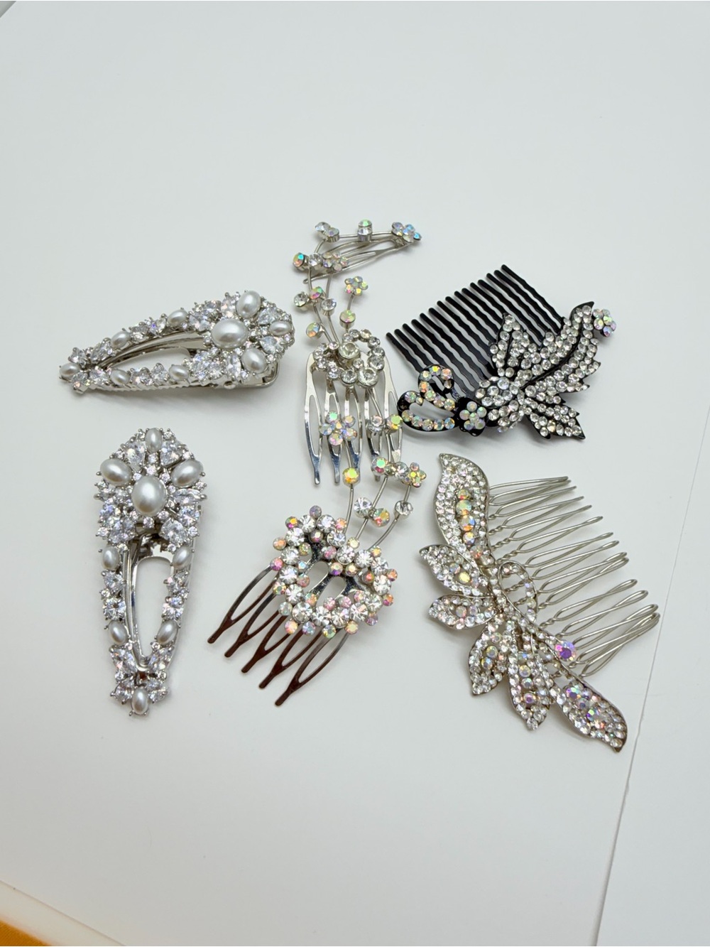 Set 5 Rhinestone & Pearl Women's Hair Comb and Clip Set - Silver